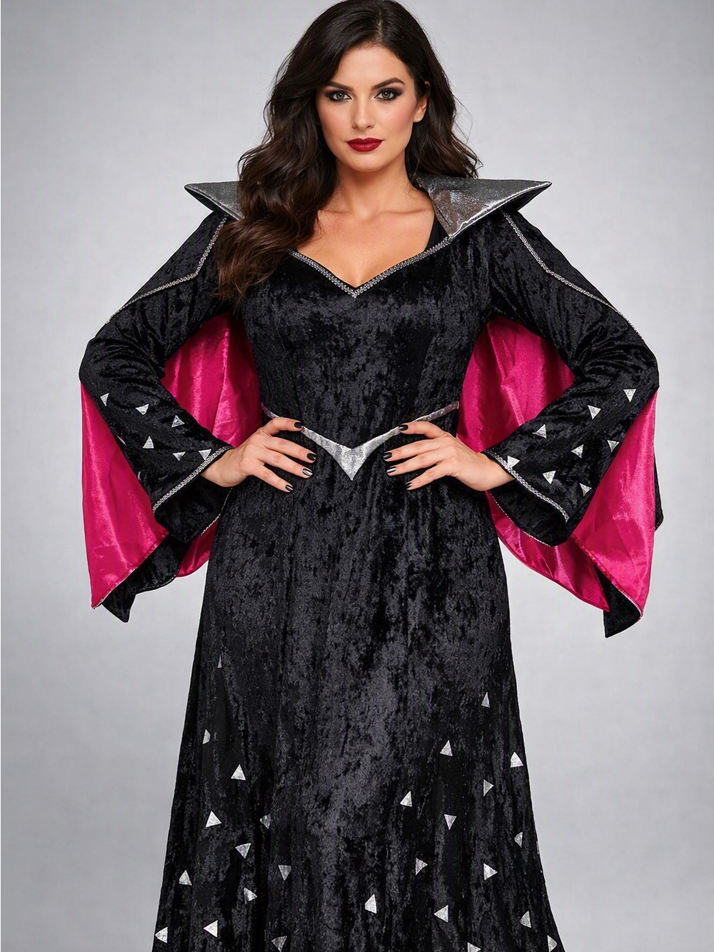 Black Velvet Long-Sleeve Dress with Fuchsia Lining by